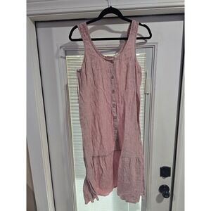Nicole Miller New York Pink 100% Linen Button Front Midi Dress Smocked Straps M